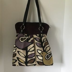 BIRDS ON LINEN PURSE  WITH SUEDE IN EGGPLANT